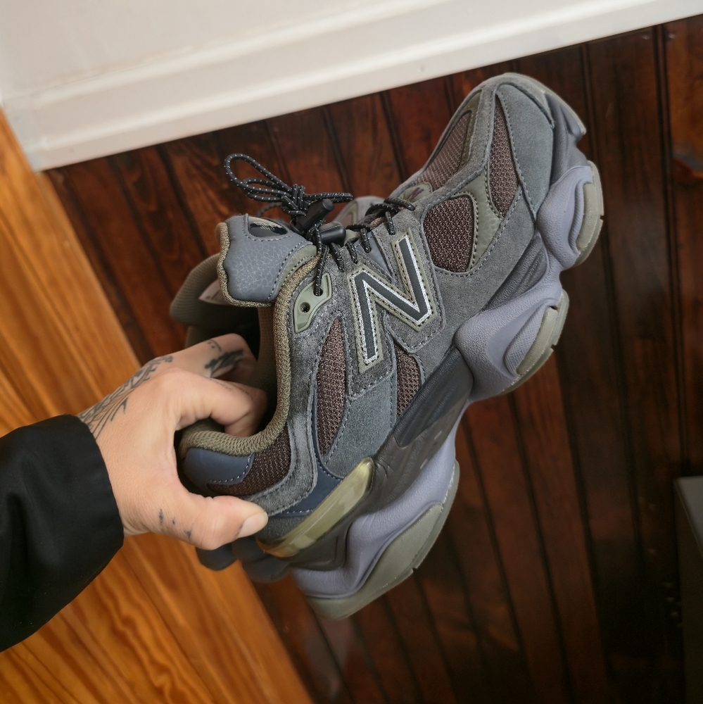 New Balance 9060 Gray Olive and Brown Athletic Shoes - BLACK TOP/ DARK MOSS